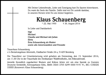 Anzeige von Klaus Schauenberg von Kölner Stadt-Anzeiger / Kölnische Rundschau / Express