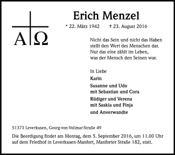 Anzeige von Erich Menzel von Kölner Stadt-Anzeiger / Kölnische Rundschau / Express