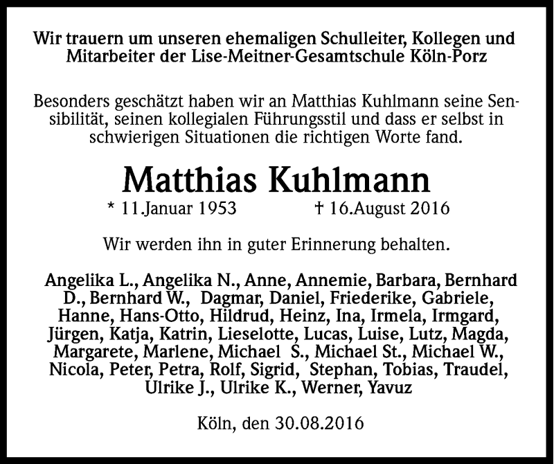  Traueranzeige für Matthias Kuhlmann vom 03.09.2016 aus Kölner Stadt-Anzeiger / Kölnische Rundschau / Express