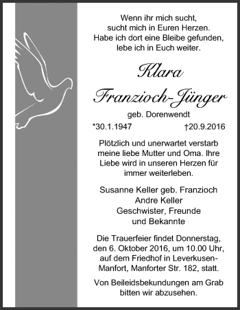 Anzeige von Klara Franzioch-Jünger von Kölner Stadt-Anzeiger / Kölnische Rundschau / Express