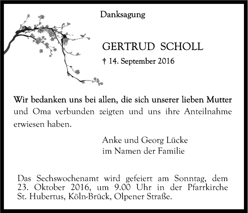  Traueranzeige für Gertrud Scholl vom 01.10.2016 aus Kölner Stadt-Anzeiger / Kölnische Rundschau / Express
