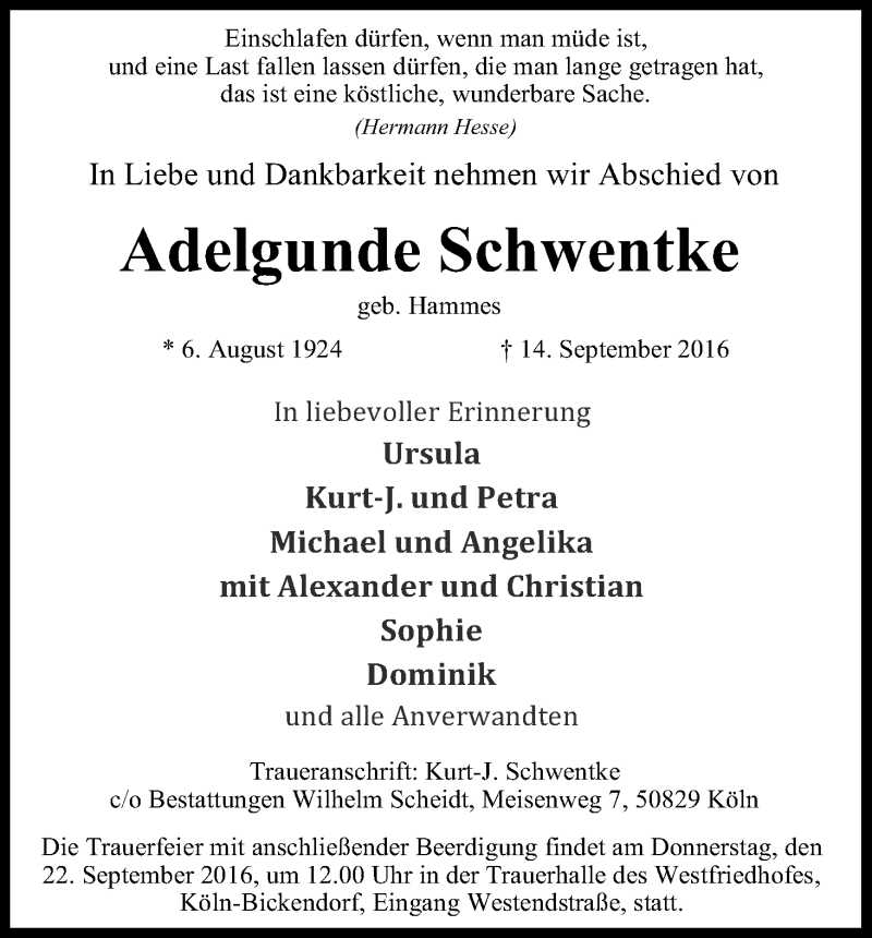  Traueranzeige für Adelgunde Schwentke vom 17.09.2016 aus Kölner Stadt-Anzeiger / Kölnische Rundschau / Express