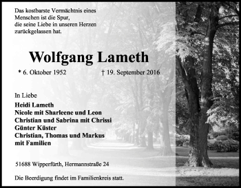 Anzeige von Wolfgang Lameth von Kölner Stadt-Anzeiger / Kölnische Rundschau / Express