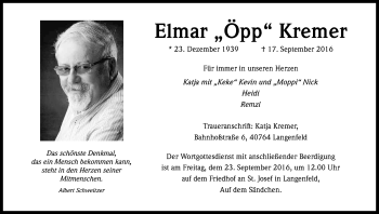 Anzeige von Elmar Kremer von Kölner Stadt-Anzeiger / Kölnische Rundschau / Express
