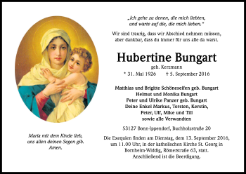 Anzeige von Hubertine Bungart von Kölner Stadt-Anzeiger / Kölnische Rundschau / Express