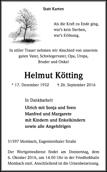 Anzeige von Helmut Kötting von Kölner Stadt-Anzeiger / Kölnische Rundschau / Express