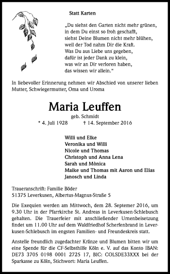 Anzeige von Maria Leuffen von Kölner Stadt-Anzeiger / Kölnische Rundschau / Express