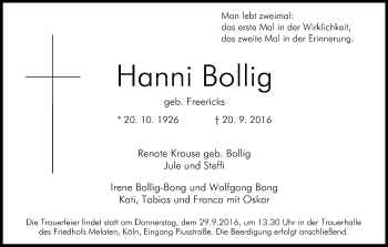 Anzeige von Hanni Bollig von Kölner Stadt-Anzeiger / Kölnische Rundschau / Express