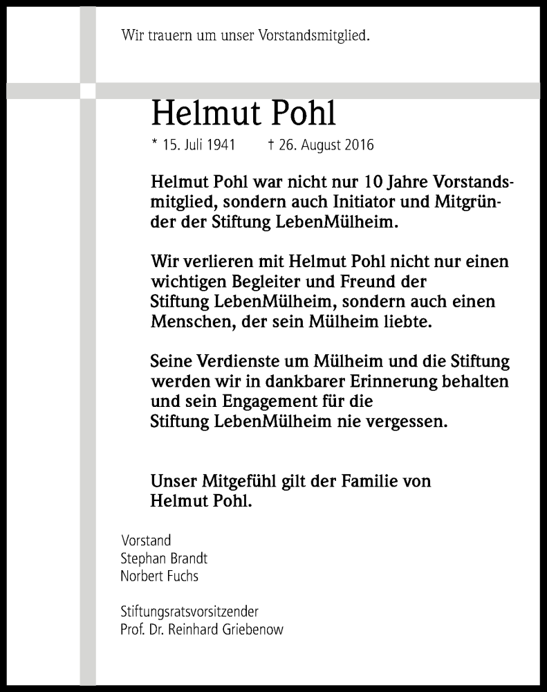  Traueranzeige für Helmut Pohl vom 03.09.2016 aus Kölner Stadt-Anzeiger / Kölnische Rundschau / Express