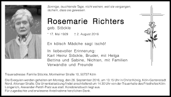 Anzeige von Rosemarie Richters von Kölner Stadt-Anzeiger / Kölnische Rundschau / Express