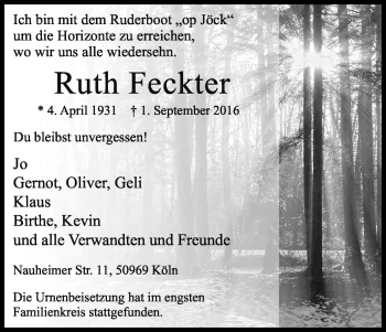 Anzeige von Ruth Feckter von Kölner Stadt-Anzeiger / Kölnische Rundschau / Express