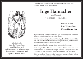 Anzeige von Inge Hamacher von  Sonntags-Post 