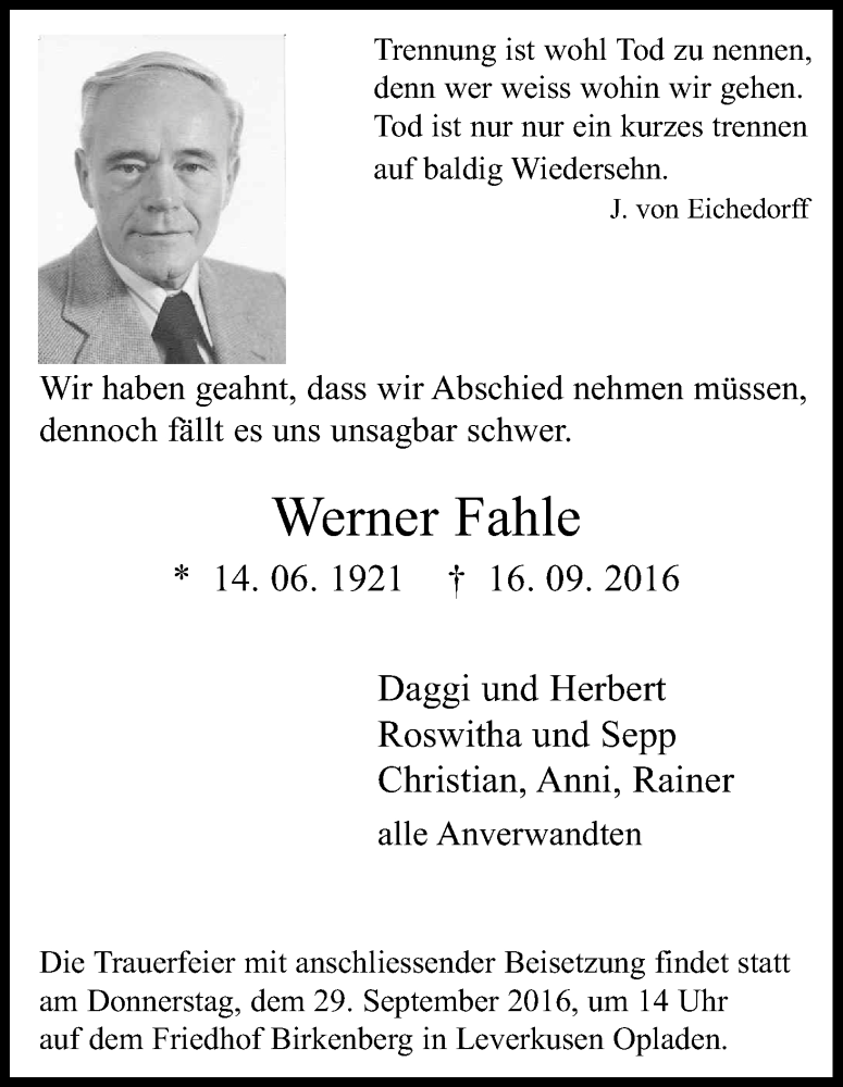  Traueranzeige für Werner Fahle vom 24.09.2016 aus Kölner Stadt-Anzeiger / Kölnische Rundschau / Express