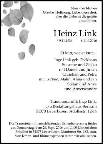 Anzeige von Heinz Link von Kölner Stadt-Anzeiger / Kölnische Rundschau / Express