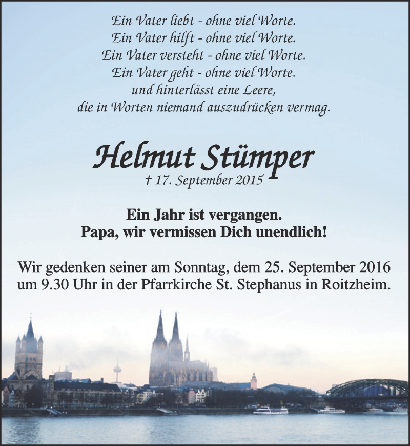  Traueranzeige für Helmut Stümper vom 17.09.2016 aus  Blickpunkt Euskirchen 