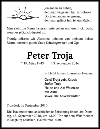 Anzeige von Peter Troja von Kölner Stadt-Anzeiger / Kölnische Rundschau / Express