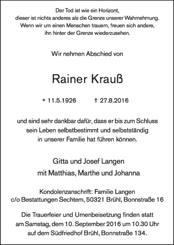 Anzeige von Rainer Krauß von  Schlossbote/Werbekurier 