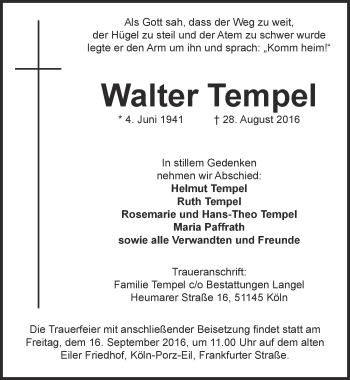 Anzeige von Walter Tempel von  Kölner Wochenspiegel 