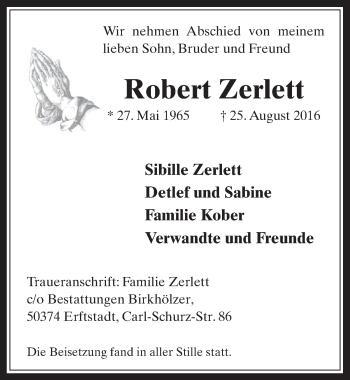 Anzeige von Robert Zerlett von  Werbepost 