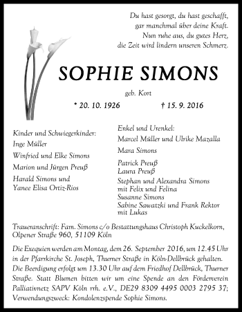 Anzeige von Sophie Simons von Kölner Stadt-Anzeiger / Kölnische Rundschau / Express