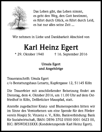 Anzeige von Karl Heinz Egert von Kölner Stadt-Anzeiger / Kölnische Rundschau / Express