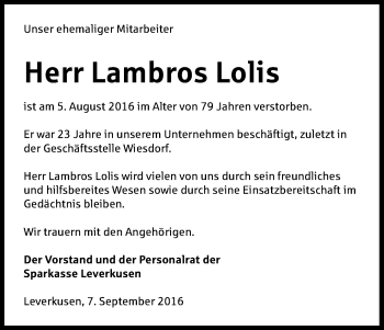 Anzeige von Lambros Lolis von Kölner Stadt-Anzeiger / Kölnische Rundschau / Express