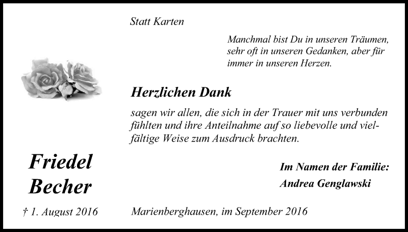  Traueranzeige für Friedel Becher vom 24.09.2016 aus Kölner Stadt-Anzeiger / Kölnische Rundschau / Express