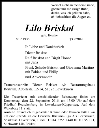 Anzeige von Lilo Briskot von Kölner Stadt-Anzeiger / Kölnische Rundschau / Express