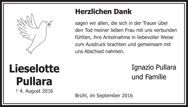 Traueranzeige für Lieselotte Pullara vom 14.09.2016 aus  Schlossbote/Werbekurier 