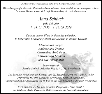 Anzeige von Anna Schluck von Kölner Stadt-Anzeiger / Kölnische Rundschau / Express