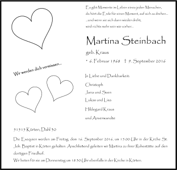 Anzeige von Martina Steinbach von Kölner Stadt-Anzeiger / Kölnische Rundschau / Express