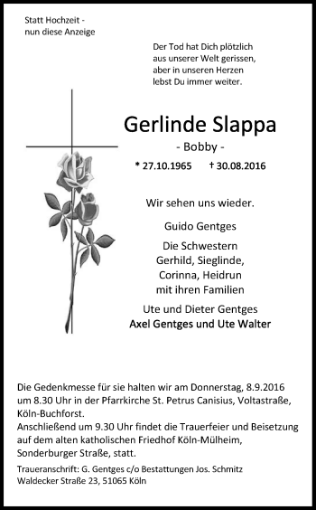Anzeige von Gerlinde Slappa von Kölner Stadt-Anzeiger / Kölnische Rundschau / Express