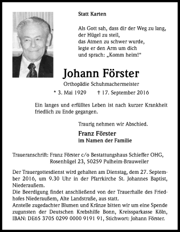 Anzeige von Johann Förster von Kölner Stadt-Anzeiger / Kölnische Rundschau / Express