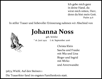 Anzeige von Johanna Noss von Kölner Stadt-Anzeiger / Kölnische Rundschau / Express