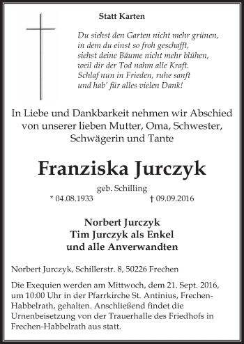 Anzeige von Franziska Jurczyk von  Wochenende 