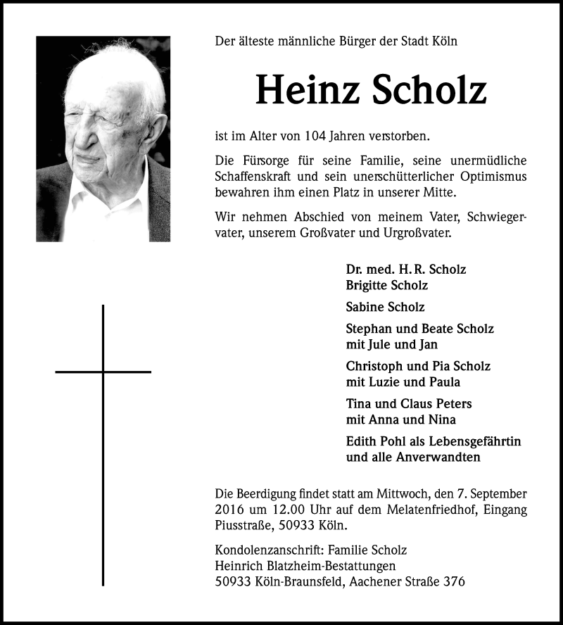  Traueranzeige für Heinz Scholz vom 03.09.2016 aus Kölner Stadt-Anzeiger / Kölnische Rundschau / Express