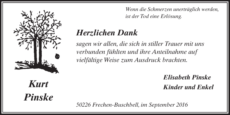  Traueranzeige für Kurt Pinske vom 24.09.2016 aus  Sonntags-Post 