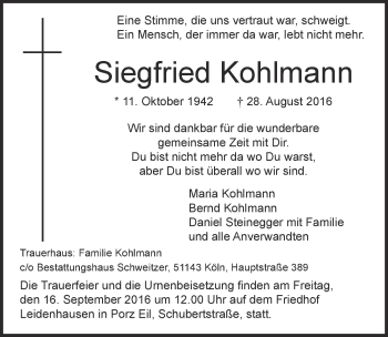 Anzeige von Siegfried Kohlmann von  Kölner Wochenspiegel 