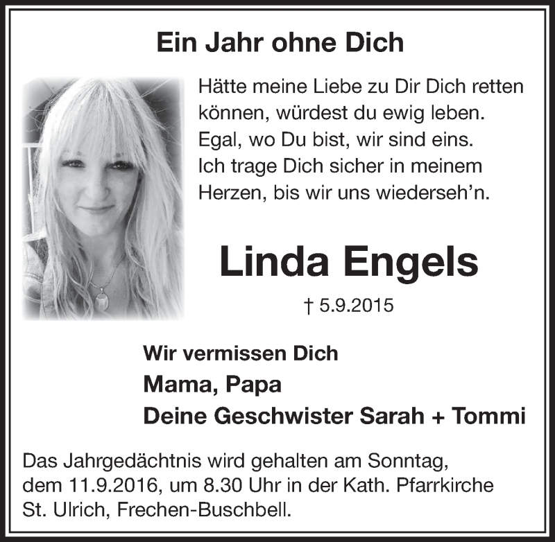  Traueranzeige für Linda Engels vom 03.09.2016 aus  Sonntags-Post 