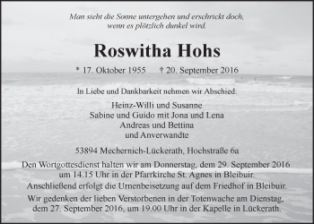 Anzeige von Roswitha Hohs von  Blickpunkt Euskirchen 