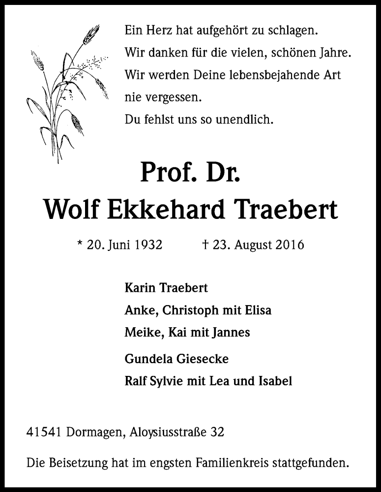  Traueranzeige für Wolf Ekkehard Traebert vom 12.09.2016 aus Kölner Stadt-Anzeiger / Kölnische Rundschau / Express