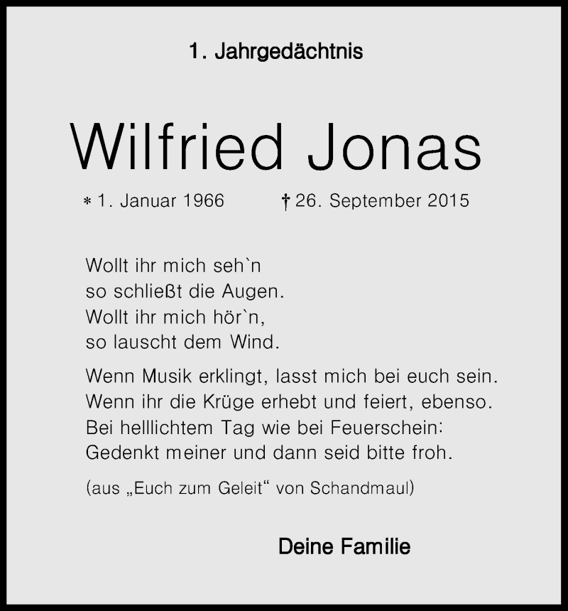  Traueranzeige für Wilfried Jonas vom 24.09.2016 aus Kölner Stadt-Anzeiger / Kölnische Rundschau / Express