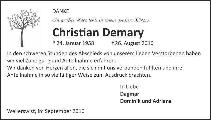  Traueranzeige für Christian Demary vom 24.09.2016 aus  Blickpunkt Euskirchen 
