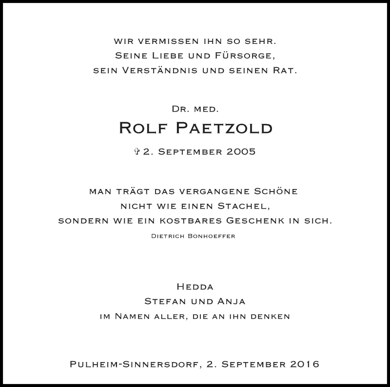  Traueranzeige für Rolf Paetzold vom 02.09.2016 aus Kölner Stadt-Anzeiger / Kölnische Rundschau / Express