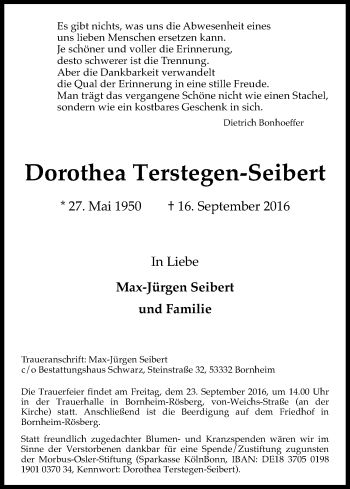 Anzeige von Dorothea Terstegen-Seibert von Kölner Stadt-Anzeiger / Kölnische Rundschau / Express