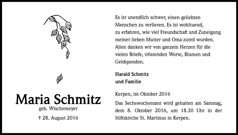  Traueranzeige für Maria Schmitz vom 01.10.2016 aus Kölner Stadt-Anzeiger / Kölnische Rundschau / Express