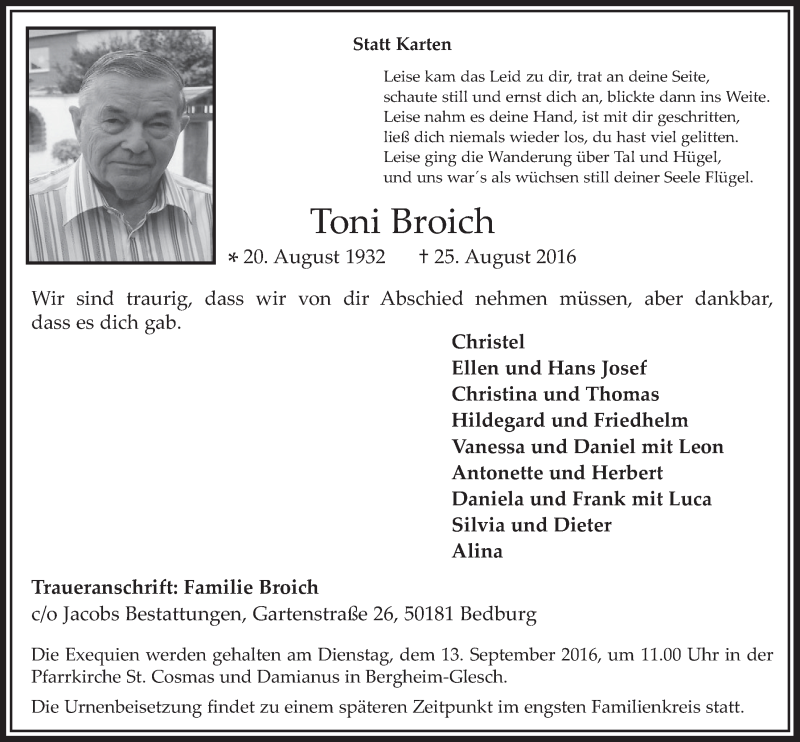  Traueranzeige für Toni Broich vom 07.09.2016 aus  Werbepost 