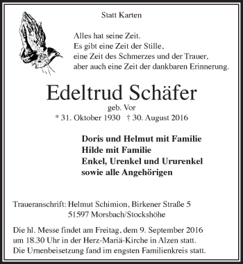 Anzeige von Edeltrud Schäfer von  Lokalanzeiger 