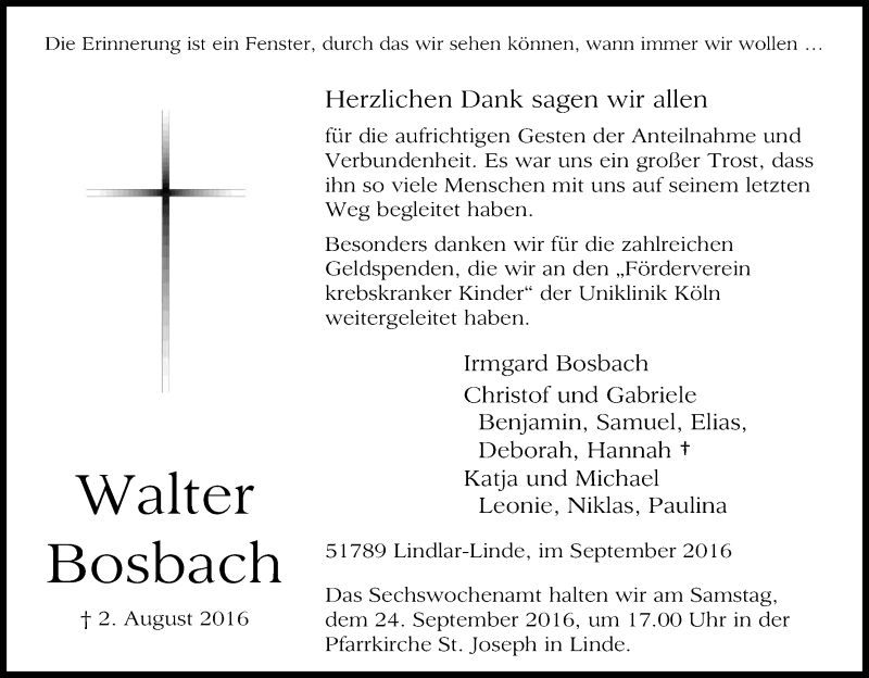  Traueranzeige für Walter Bosbach vom 17.09.2016 aus Kölner Stadt-Anzeiger / Kölnische Rundschau / Express