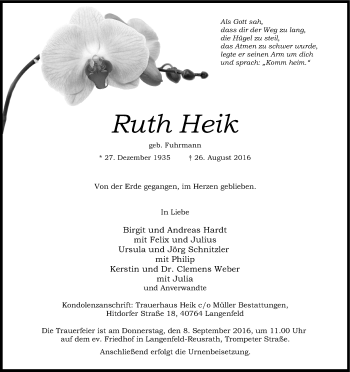 Anzeige von Ruth Heik von Kölner Stadt-Anzeiger / Kölnische Rundschau / Express